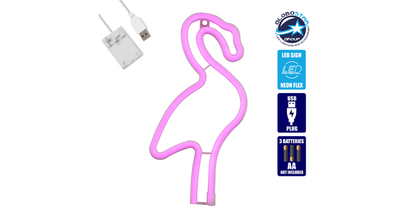 78573 Φωτιστικό Ταμπέλα Φωτεινή Επιγραφή NEON LED Σήμανσης FLAMINGO 5W με Καλώδιο Τροφοδοσίας USB - Μπαταρίας 3xAAA (Δεν Περιλαμβάνονται) - Ροζ