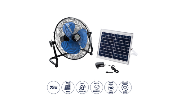 SOLARO-FAN 85351 Solar Fan Αυτόνομος Ηλιακός Επιδαπέδιος Ανεμιστήρας 25W 2 Λειτουργιών Ρεύματος με AC 220-240V ή με Φωτοβολταϊκό Panel 9V 12W & Επαναφορτιζόμενη Μπαταρία Li-ion 7.4V 4400mAh - 12 Ταχύτητες - Ενσωματωμένο USB 2.0 Charger Συσκευών - IP20 - Μ42 x Π20 x Υ35cm - Μαύρο & Μπλε - 