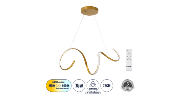 SPIRALE 61286 Κρεμαστό Φωτιστικό Οροφής Design LED CCT 75W 8400lm 300° AC 220-240V - Εναλλαγή Φωτισμού μέσω Τηλεχειριστηρίου All In One Ψυχρό 6000k+Φυσικό 4500k+Θερμό 2700k Dimmable Μ72 x Π25 x Υ18cm - Χρυσό Βούρτσας