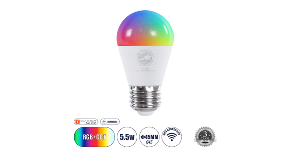 60489 Έξυπνη Λάμπα LED E27 G45 Γλομπάκι Smart Home Wifi 5.5W 550lm 260° AC 220-240V IP20 Φ4.5 x Υ8.8cm RGB+CCT - Εναλλαγή Φωτισμού & Dimming μέσω Εφαρμογής Tuya - Bridgelux Chip - 3 Χρόνια Εγγύηση