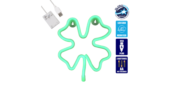 78572 Φωτιστικό Ταμπέλα Φωτεινή Επιγραφή NEON LED Σήμανσης FOUR LEAF CLOVER 5W με Καλώδιο Τροφοδοσίας USB - Μπαταρίας 3xAAA (Δεν Περιλαμβάνονται) - Πράσινο