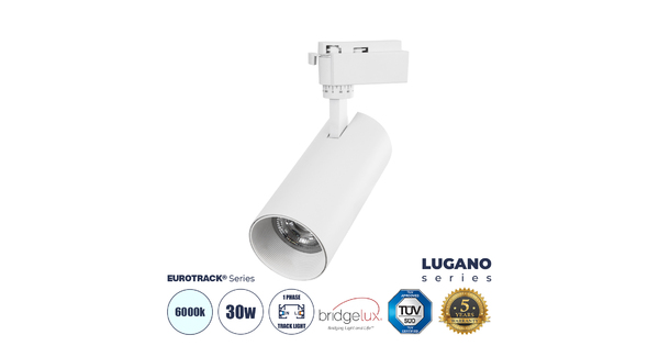 LUGANO 60812 Μονοφασικό Φωτιστικό Σποτ Ράγας LED 30W 3900lm 36° Acrylic HQ LENS AC 220-240V IP20 Φ7.5 x Υ22.7cm Ψυχρό Λευκό 6000K - EUROTRACKSystem 1L+1N - Λευκό - Bridgelux Chip - TÜV Certified Driver - 5 Χρόνια Εγγύηση