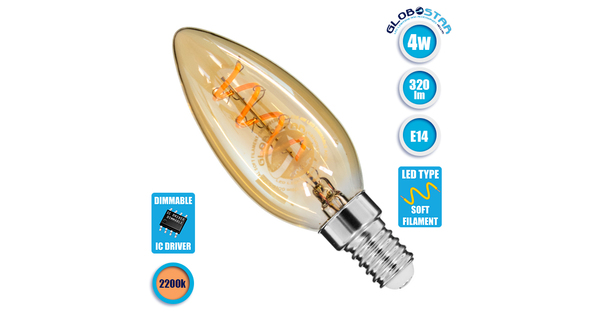 99133 Λάμπα E14 C35 Κεράκι LED SOFT SPIRAL FILAMENT 4W 320 lm 320° AC 85-265V Edison Retro με Μελί Γυαλί Ultra Θερμό Λευκό 2200 K Dimmable