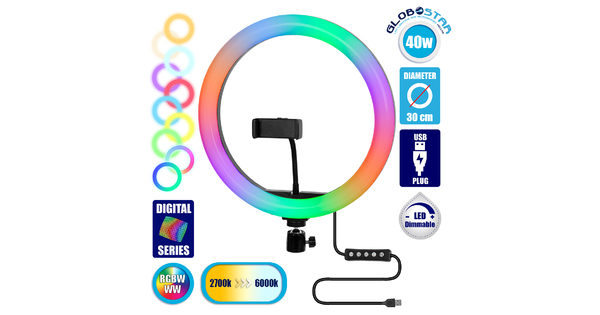 75802 Professional Digital Ring Light Φ30cm LED SMD 40W 4000lm 180° DC 5V με Καλώδιο Τροφοδοσίας USB - Ενσωματωμένο Χειριστήριο Εναλλαγής Χρωμάτων & 1 Βάση Τηλεφώνου - Πολύχρωμο RGBW+WW Dim