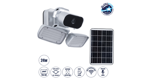 86044 Αυτόνομος Ηλιακός Προβολέας LED SMD 24W 1200lm με IP Camera 1080P 2MP WiFi 150° Μοιρών - Ενσωματωμένη Μπαταρία 3200mAh - Φωτοβολταϊκό Πάνελ - Αισθητήρα Ημέρας-Νύχτας & Ρύθμιση Χρόνου Ανάμματος - Αδιάβροχος IP66 Ψυχρό Λευκό 6000K - Ασημί