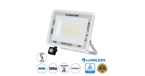 AURORA 61444 Επαγγελματικός Προβολέας LED 100W 12500lm 120° AC 220-240V με Ενσωματωμένο Ρυθμιζόμενο Αισθητήρα Κίνησης PIR - Αδιάβροχος IP67 - Μ25 x Π6.5 x Υ27.5cm - Λευκό - Ψυχρό Λευκό 6000K - LUMILEDS Chips - TÜV Rheinland Certified - 3 Years Warranty