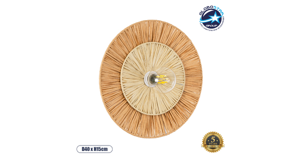 COLOMBO 02278 Boho Φωτιστικό Τοίχου - Απλίκα Μονόφωτο 1 x E27 AC 220-240V IP20 - Φ40 x Υ4.5cm - Μπεζ με Μπεζ Καφέ Φυσική Ράφια Άχυρο Πλέγμα - 5 Χρόνια Εγγύηση