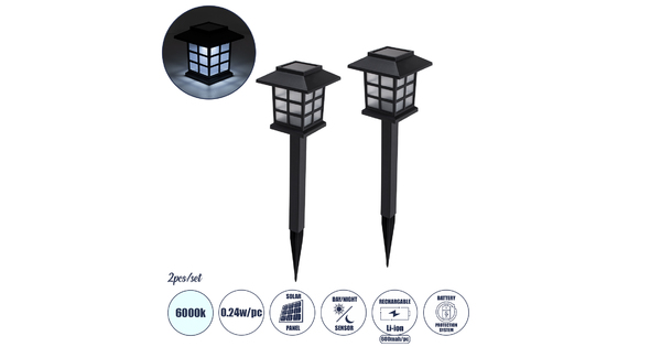 69928 ΣΕΤ 2 Τεμαχίων Αυτόνομα Ηλιακά Φωτιστικά LED SMD 0.24W/Τεμ. 24lm/Τεμ. με Ενσωματωμένη Μπαταρία 600mAh - Φωτοβολταϊκό Πάνελ με Αισθητήρα Ημέρας-Νύχτας Αδιάβροχο IP65 Φανάρι Κήπου Τετράγωνο Ψυχρό Λευκό 6000K Μ8.5 x Π8.5 x Υ26.5cm