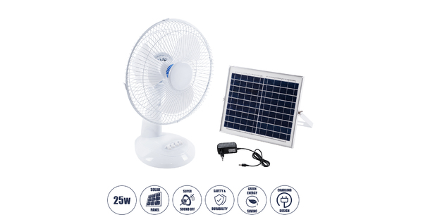 SOLARI-FAN 85354 Solar Fan Αυτόνομος Ηλιακός Επιτραπέζιος Ανεμιστήρας 25W 2 Λειτουργιών Ρεύματος με AC 220-240V ή με Φωτοβολταϊκό Panel 9V 12W & Επαναφορτιζόμενη Μπαταρία Li-ion 7.4V 4400mAh - 3 Ταχύτητες - IP20 - Μ24 x Π36 x Υ49cm - Λευκό - 2 Years Warranty