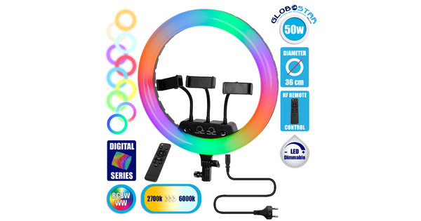 75804 Professional Digital Ring Light Φ36cm LED SMD 50W 5000lm 180° AC 230V με Καλώδιο Τροφοδοσίας Πρίζας - Ασύρματο Χειριστήριο RF 2.4Ghz Εναλλαγής Χρωμάτων & 3 Βάσεις Τηλεφώνου - Πολύχρωμ