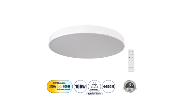BURTON 61205-S Πλαφονιέρα Οροφής LED CCT 100W 11020lm 120° AC 220-240V - Εναλλαγή Φωτισμού μέσω Τηλεχειριστηρίου All In One Ψυχρό 6000k+Φυσικό 4500k+Θερμό 2700k Dimmable Φ80cm - Λευκό