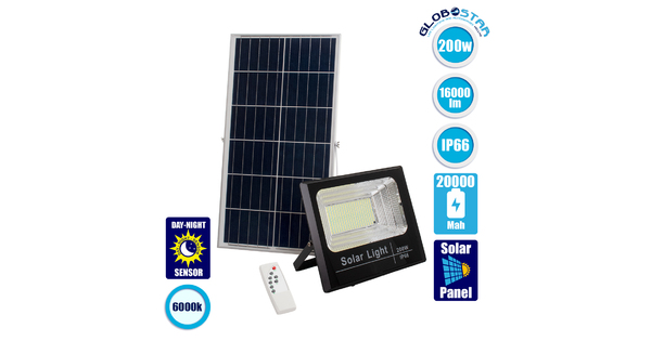 71558 Αυτόνομος Ηλιακός Προβολέας LED SMD 200W 16000lm με Ενσωματωμένη Μπαταρία 20000mAh - Φωτοβολταϊκό Πάνελ με Αισθητήρα Ημέρας-Νύχτας και Ασύρματο Χειριστήριο RF 2.4Ghz Αδιάβροχος IP66 Ψυχρό Λευκό 6000K