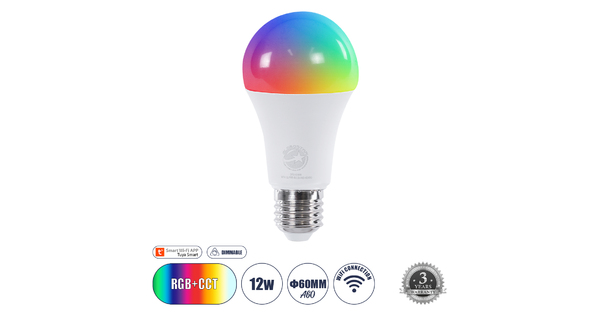 60490 Έξυπνη Λάμπα LED E27 A60 Γλόμπος Smart Home Wifi 12W 1200lm 260° AC 220-240V IP20 Φ6 x Υ12cm RGB+CCT - Εναλλαγή Φωτισμού & Dimming μέσω Εφαρμογής Tuya - Bridgelux Chip - 3 Χρόνια Εγγύηση