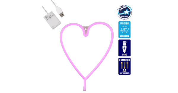 78593 Φωτιστικό Ταμπέλα Φωτεινή Επιγραφή NEON LED Σήμανσης HEART LINE 5W με Καλώδιο Τροφοδοσίας USB - Μπαταρίας 3xAAA (Δεν Περιλαμβάνονται) - Ροζ