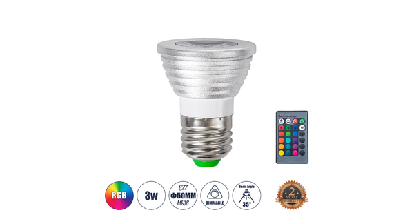 76066 Σποτ LED E27 MR16 3W 200lm 90° AC 220-240V IP20 Φ5 x Υ8.5cm - Εναλλαγή Φωτισμού μέσω Τηλεχειριστηρίου RGB - Dimmable - 2 Χρόνια Εγγύηση