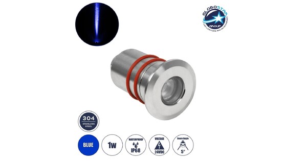 UNDERWATERDANI 999-0269 Υποβρύχιο Χωνευτό Σποτ για Σιντριβάνια/Πισίνες LED 1W 80lm 5° DC 24V Αδιάβροχο IP68 Μπλε Dimmable - Bridgelux SMD Chip - Ανοξείδωτο Ατσάλι SS304 - Μ3 x Π3 x Υ5cm / Q2cm - 3 Χρόνια Εγγύηση
