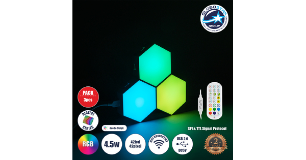DIGIOCTA 90447 Σετ 3 Ψηφιακων LED RGB Φωτιστικών Κυψελών με Ψηφιακό Controller με WiFi Smart APP & Ασύρματο Χειριστήριο RF 2.4Ghz - LED SMD 5050 4.5W/Σετ 42PIXEL/Σετ 360lm/Σετ 120° DC 5V με USB 2.0 IP20 Πολύχρωμο RGB - Dimmable - Μ10.5 x Π10.5 x Υ3cm Ανά Κυψέλη - 2 Χρόνια Εγγύηση