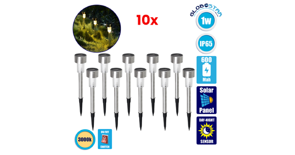 71521-10 ΣΕΤ 10 Τεμαχίων Αυτόνομα Ηλιακά Φωτιστικά LED SMD 1W 40lm με Ενσωματωμένη Μπαταρία 600mAh - Φωτοβολταϊκό Πάνελ με Αισθητήρα Ημέρας-Νύχτας Αδιάβροχο IP65 Φανάρι Κήπου Στρογγυλό Θερμό Λευκό 2700K