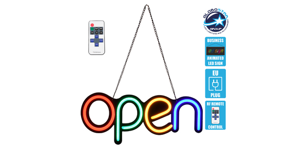 85856 Φωτιστικό Ταμπέλα Φωτεινή Επιγραφή NEON LED Σήμανσης Animated OPEN 30W AC 230V με Διακόπτη On/Off και Ασύρματο Χειριστήριο IR Κόκκινο - Πράσινο - Κίτρινο - Γαλάζιο
