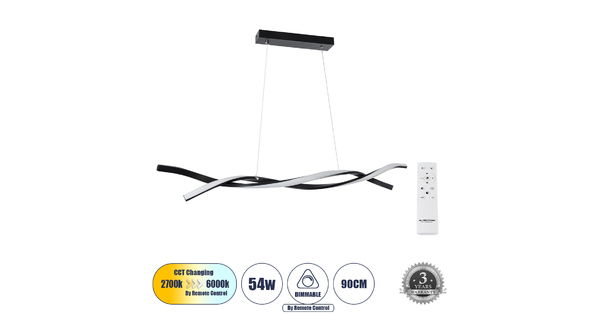 MORALES 61275 Κρεμαστό Φωτιστικό Οροφής Design LED CCT 54W 6048lm 200° AC 220-240V - Εναλλαγή Φωτισμού μέσω Τηλεχειριστηρίου All In One Ψυχρό 6000k+Φυσικό 4500k+Θερμό 2700k Dimmable Μ90 x Π14 x Υ14cm - Μαύρο - 3 Years Warranty