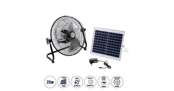 SOLARO-FAN 85352 Solar Fan Αυτόνομος Ηλιακός Επιδαπέδιος Ανεμιστήρας 25W 2 Λειτουργιών Ρεύματος με AC 220-240V ή με Φωτοβολταϊκό Panel 9V 12W & Επαναφορτιζόμενη Μπαταρία Li-ion 7.4V 4400mAh - 12 Ταχύτητες - Ενσωματωμένο USB 2.0 Charger Συσκευών - IP20 - Μ42 x Π20 x Υ35cm - Μαύρο & Ασημί -