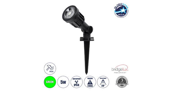 GARDENINI 61544 Καρφωτό Φωτιστικό Σποτ Κήπου LED 5W 550lm 38° DC 24V IP68 Υψηλής Αντοχής ABS IK06 Φ5.5 x Υ13.5cm - Πράσινο 550nm Dimmable - Μαύρο - Bridgelux Chip - 3 Years Warranty