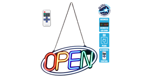 85858 Φωτιστικό Ταμπέλα Φωτεινή Επιγραφή NEON LED Σήμανσης Animated Ovale OPEN 30W AC 230V με Διακόπτη On/Off και Ασύρματο Χειριστήριο IR Λευκό - Κόκκινο - Πράσινο - Κίτρινο - Γαλάζιο
