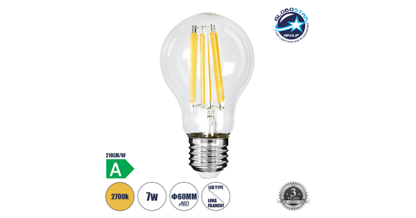 99087 Λάμπα LED Long Filament E27 A60 Γλόμπος 7W 1470lm 360° AC 220-240V IP20 Φ6 x Υ11cm Θερμό Λευκό 2700K με Διάφανο Γυαλί - Pro Series 210lm/W - A Ενεργειακή Κλάση - 3 Χρόνια Εγγύηση
