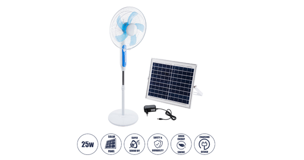 SOLARA-FAN 85355 Solar Fan Αυτόνομος Ηλιακός Επιδαπέδιος Ανεμιστήρας 25W 2 Λειτουργιών Ρεύματος με AC 220-240V ή με Φωτοβολταϊκό Panel 9V 12W & Επαναφορτιζόμενη Μπαταρία Li-ion 7.4V 4400mAh - 3 Ταχύτητες - Ενσωματωμένο USB 2.0 Charger Συσκευών - IP20 - Μ44 x Π37.5 x Υ132cm - Λευκό & Μπλε 
