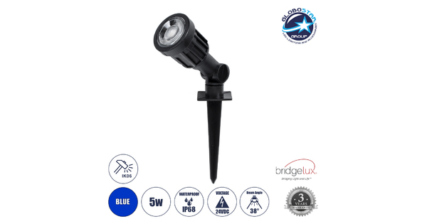 GARDENINI 61545 Καρφωτό Φωτιστικό Σποτ Κήπου LED 5W 550lm 38° DC 24V IP68 Υψηλής Αντοχής ABS IK06 Φ5.5 x Υ13.5cm - Μπλε 450nm Dimmable - Μαύρο - Bridgelux Chip - 3 Years Warranty