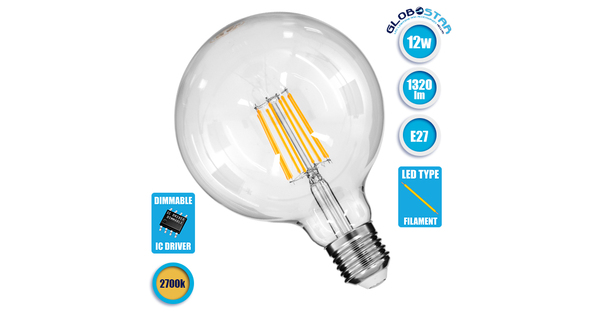 Λάμπα E27 G125 Γλόμπος LED LONG FILAMENT 12W 1320 lm 320° AC 85-265V Edison Retro με Διάφανο Γυαλί Θερμό Λευκό 2700 K  99014
