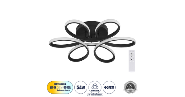 MARGARET 61400 Φωτιστικό Οροφής Design LED CCT 54W 6210lm 360° AC 220-240V - Εναλλαγή Φωτισμού μέσω Τηλεχειριστηρίου All In One Ψυχρό 6000k+Φυσικό 4500k+Θερμό 2700k Dimmable Φ57 x Υ12cm - Μαύρο
