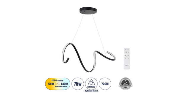 SPIRALE 61283 Κρεμαστό Φωτιστικό Οροφής Design LED CCT 75W 8400lm 300° AC 220-240V - Εναλλαγή Φωτισμού μέσω Τηλεχειριστηρίου All In One Ψυχρό 6000k+Φυσικό 4500k+Θερμό 2700k Dimmable Μ72 x Π25 x Υ18cm - Μαύρο
