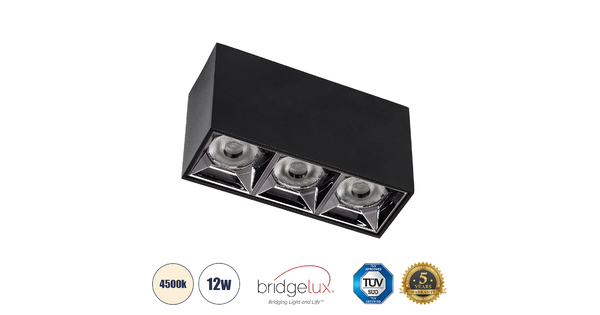 LUMINAR SUPERIOR 60324 Επιφανειακό LED Spot Downlight TrimLess 12W 1680lm 36° AC 220-240V IP20 Μ11.8 x Π4.2 x Υ6.6cm - Μαύρο με Κάτοπτρο Χρωμίου - Φυσικό Λευκό 4500K - Bridgelux High Lumen Chip Gen2 - TÜV Certified Driver - 5 Years Warranty