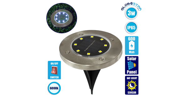 71504 Αυτόνομο Ηλιακό Φωτιστικό Κήπου LED SMD 3W 200 lm με Ενσωματωμένη Μπαταρία 600mAh - Φωτοβολταϊκό Πάνελ με Αισθητήρα Ημέρας-Νύχτας IP65 Ψυχρό Λευκό 6000k