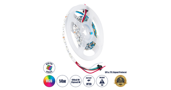 90606 Digital Pixel Addressable Strip Ultra Slim 3 PIN - Nano Zig Zag S Ψηφιακή Ταινία LED SMD 5050 14W/m 60LED/m 20PIXEL/m SPI/TTL Protocol IC WS2812/SK6812 1152lm/m 120° DC 5V IP20 RGB - Λευκό Σώμα - Μ2000 x Π6 x Υ2mm - Συσκευασία 2 Μέτρων - 5 Χρόνια Εγγύηση