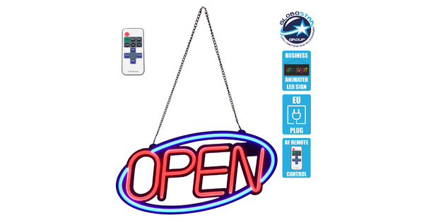 85860 Φωτιστικό Ταμπέλα Φωτεινή Επιγραφή NEON LED Σήμανσης Animated Ovale OPEN 30W AC 230V με Διακόπτη On/Off και Ασύρματο Χειριστήριο IR Μπλε - Κόκκινο