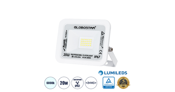 ATLAS 61407 Επαγγελματικός Προβολέας LED 20W 2500lm 120° AC 220-240V - Αδιάβροχος IP67 - Μ12 x Π2.5 x Υ9.5cm - Λευκό - Ψυχρό Λευκό 6000K - LUMILEDS Chips - TÜV Rheinland Certified