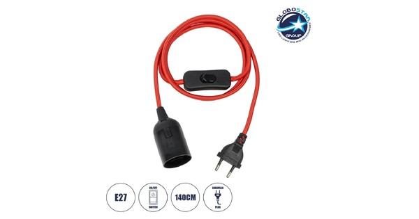 WHIP 77666 Μοντέρνο DIY Φωτιστικό με Υφασμάτινο Καλώδιο, Ντουί 1 x E27, Διακόπτη On/Off & Πρίζα AC 220-240V IP20 - Κόκκινο & Μαύρο - Μ140 x Π4 x Υ4cm