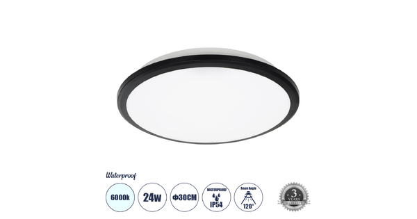 TUFFIN 60996 Μοντέρνο Φωτιστικό Οροφής LED 24W 2400lm 120° AC 220-240V Αδιάβροχο IP54 Ψυχρό Λευκό 6000K - Lumileds SMD Chip - Μαύρο Ματ & Λευκό Γαλακτερό - Μ30 x Π30 x Υ6.5cm - 3 Χρόνια Εγγύηση
