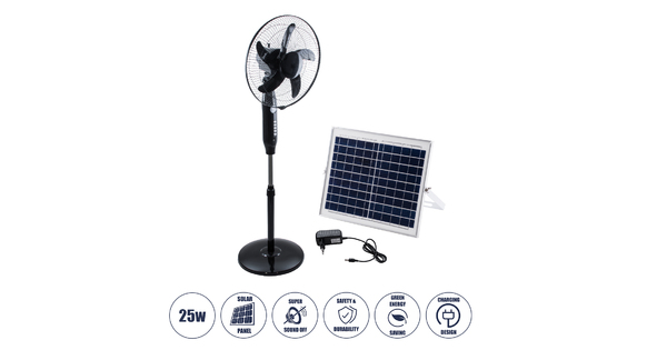 SOLARA-FAN 85356 Solar Fan Αυτόνομος Ηλιακός Επιδαπέδιος Ανεμιστήρας 25W 2 Λειτουργιών Ρεύματος με AC 220-240V ή με Φωτοβολταϊκό Panel 9V 12W & Επαναφορτιζόμενη Μπαταρία Li-ion 7.4V 4400mAh - 3 Ταχύτητες - Ενσωματωμένο USB 2.0 Charger Συσκευών - IP20 - Μ44 x Π37.5 x Υ132cm - Μαύρο - 2 Yea