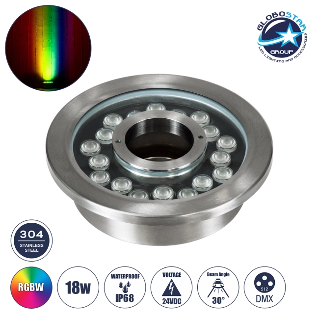 UNDERWATER-DENIS 90443 Υποβρύχιο Χωνευτό Φωτιστικό Σποτ Ειδικό για Σιντριβάνια - Πισίνες - Τζακούζι LED 18W 1530lm 30° DC 24V Αδιάβροχο IP68 Φ21.5 x Υ8cm RGBW DMX512 - Ανοξείδωτο Ατσάλι SS304 - 3 Years Warranty
