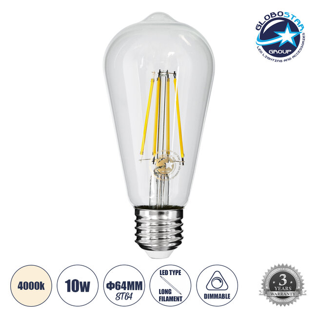 99056 Λάμπα LED Long Filament E27 ST64 Αχλάδι 10W 1100lm 360° AC 220-240V IP20 Φ6.4 x Υ14cm Φυσικό Λευκό 4000K με Διάφανο Γυαλί - Dimmable - 3 Years Warranty