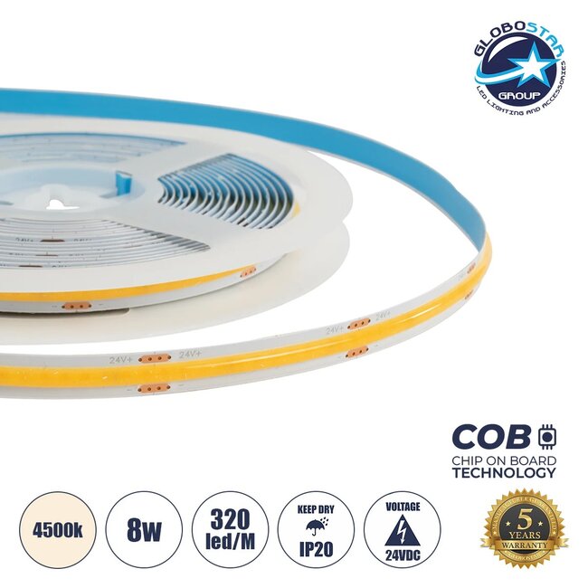 BEE 70360 Ταινία LED 8W/m 800lm/m 120° DC 24V IP20 320 x COB Chip/m Φυσικό Λευκό 4500K Dimmable - Μ500 x Π0.8 x Υ0.2cm - Ρολό 5 Μέτρων - 5 Χρόνια Εγγύηση BEE 70360 Ταινία LED 8W/m 800lm/m 120° DC 24V IP20 320 x COB Chip/m Φυσικό Λευκό 4500K Dimmable - Μ500 x Π0.8 x Υ0.2cm - Ρολό 5 Μέτρων - 5 Χρόνια Εγγύηση