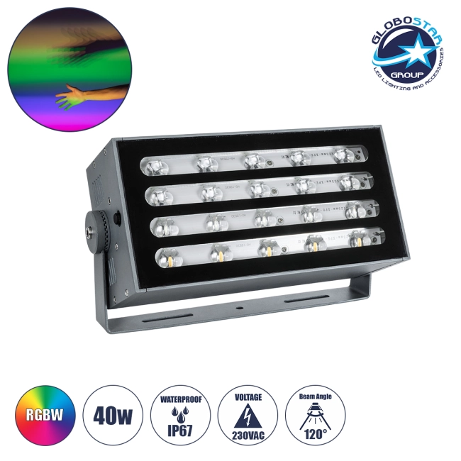 FLOODKENA 90765 Προβολέας Σποτ Wall Washer LED 40W 3400lm 120° AC 220-240V Αδιάβροχο IP67 Πολύχρωμο RGBW - Bridgelux SMD Chip - Γκρι Ανθρακί - Μ31 x Π10 x Υ17cm - 3 Χρόνια Εγγύηση