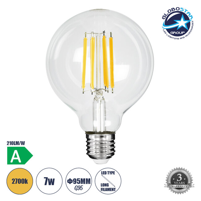 99088 Λάμπα LED Long Filament E27 G95 Γλόμπος 7W 1470lm 360° AC 220-240V IP20 Φ9.5 x Υ13.8cm Θερμό Λευκό 2700K με Διάφανο Γυαλί - Pro Series 210lm/W - A Ενεργειακή Κλάση - 3 Χρόνια Εγγύηση