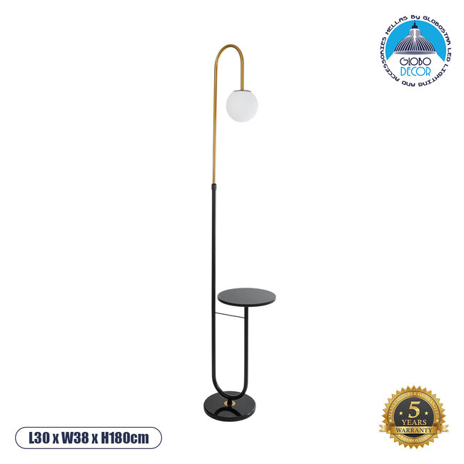 CORDELIA 02024 Μοντέρνο Επιδαπέδιο Φωτιστικό Τραπεζάκι Μονόφωτο 1 x E27 AC220-240V IP20 - Μ30 x Π38 x Υ180cm - Μαύρο με Χρυσό Μεταλλικό & Γυάλινη Γαλακτερή Μπάλα - 5 Χρόνια Εγγύηση