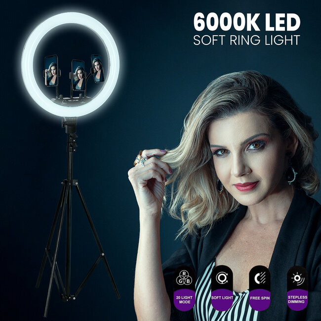 75804 Professional Digital Ring Light Φ36cm LED SMD 50W 5000lm 180° AC 230V με Καλώδιο Τροφοδοσίας Πρίζας - Ασύρματο Χειριστήριο RF 2.4Ghz Εναλλαγής Χρωμάτων & 3 Βάσεις Τηλεφώνου - Πολύχρωμ - 9