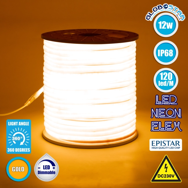 70596 TUBE 360° Degree Neon Flex Epistar LED SMD 2835 1m 12W/m 120LED/m 1212lm/m 360° DC 230V Αδιάβροχη IP68 Gold - Ultra Θερμό 2200K Dimmable