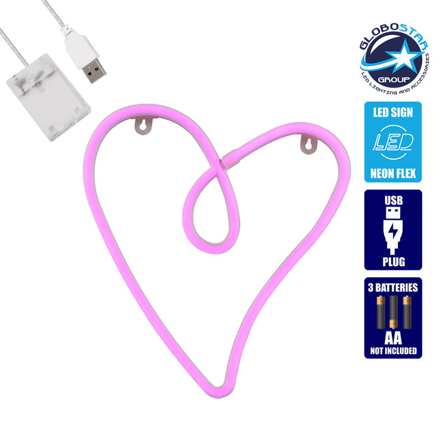 78594 Φωτιστικό Ταμπέλα Φωτεινή Επιγραφή NEON LED Σήμανσης CALLIGRAPHIC HEART LINE 5W με Καλώδιο Τροφοδοσίας USB - Μπαταρίας 3xAAA (Δεν Περιλαμβάνονται) - Ροζ